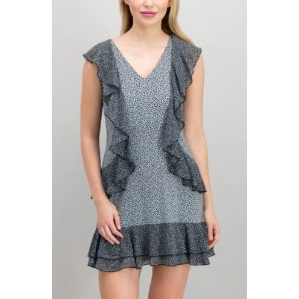 Michael Kors Dress Black White L Large Fluttery Floral Print V Neck Ruffle